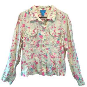 Sigrid Olsen So Blue Floral Print Button Front Vintage Shirt size Large